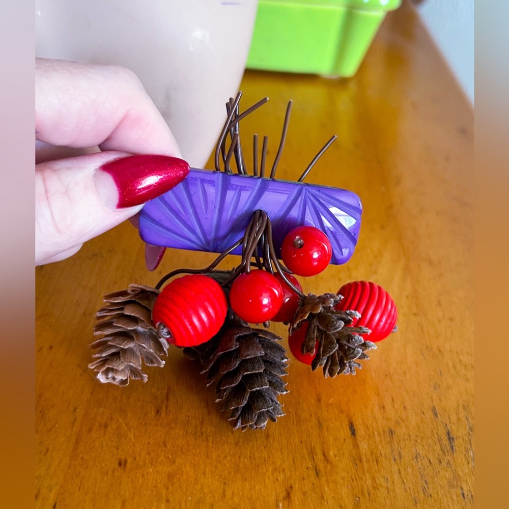 Retro 1940s Brooch | Pinecones Berries Fall | Novelty | Plastic | Luxulite | 40s